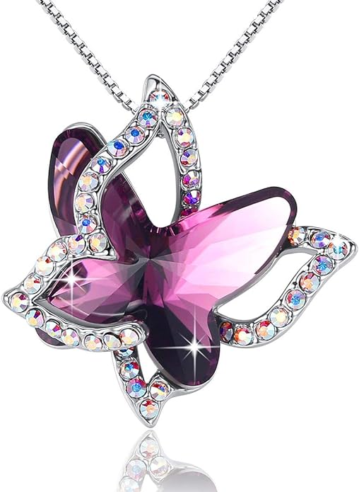GEMMANCE Butterfly Birthstone Crystal Necklace - Silver Tone with 18”+2” Chain - Necklace Mother’s Day Anniversary Birthday Christmas - Gifts for Women Girls Daughter